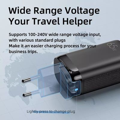 Adaptador de viaje USB tipo-c de 3 puertos de 65W GaN para carga de alta velocidad de varios dispositivos