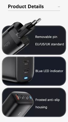 Adaptador de viaje USB tipo-c de 3 puertos de 65W GaN para carga de alta velocidad de varios dispositivos